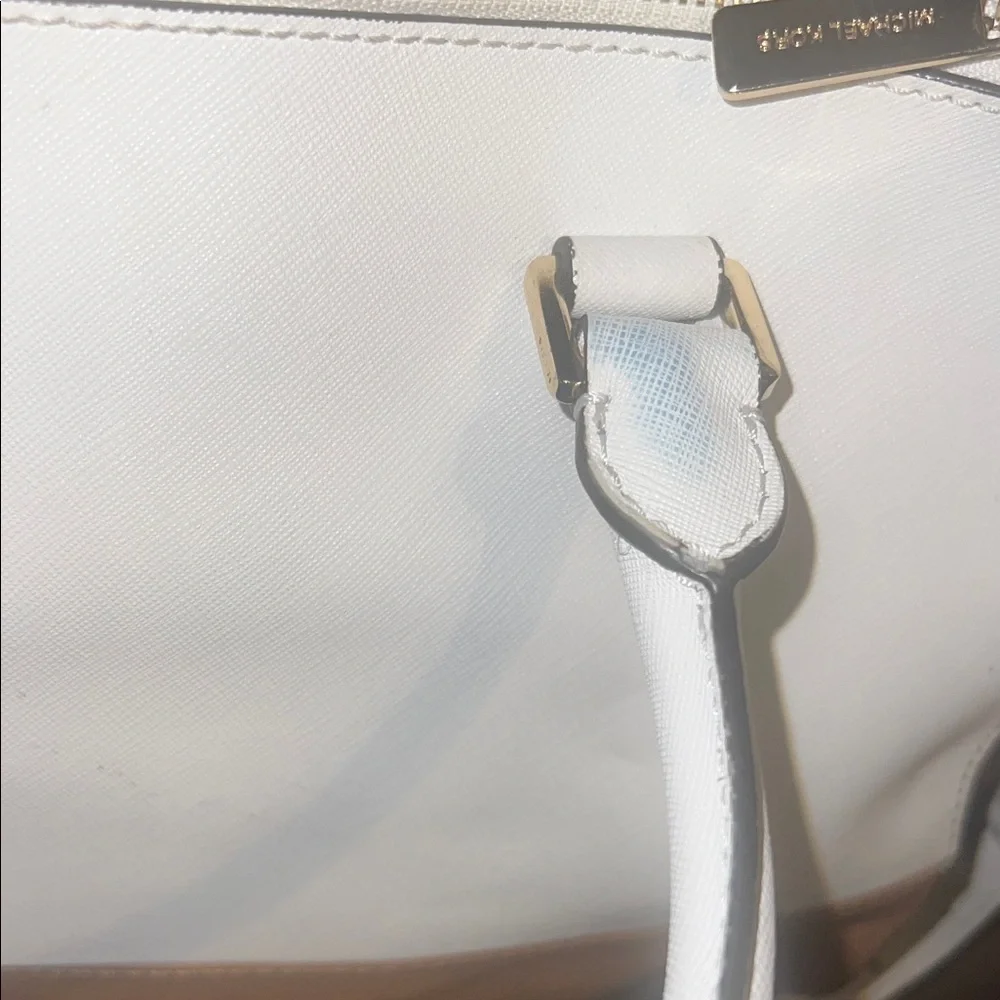 Michael Kors White and Tan Leather Satchel with Gold Hardware